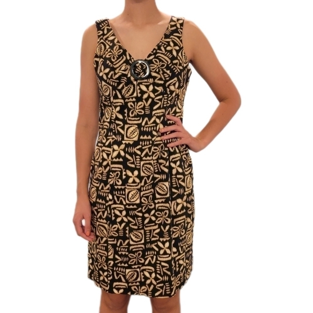 Jones New York Black/Gold boho tribal print plunge neck sleeveless dress size 10